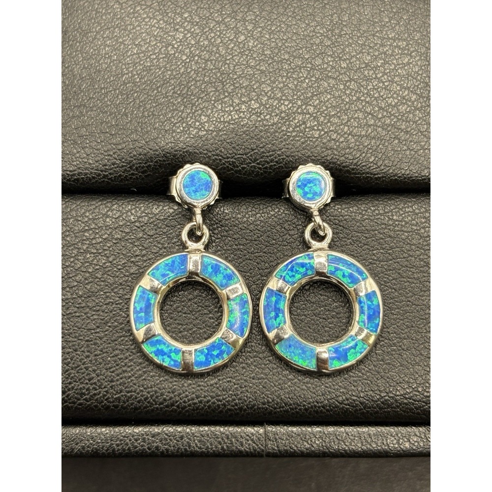 New Condition Sterling Silver Lab Blue Opal Circle Dangle Earrings H19